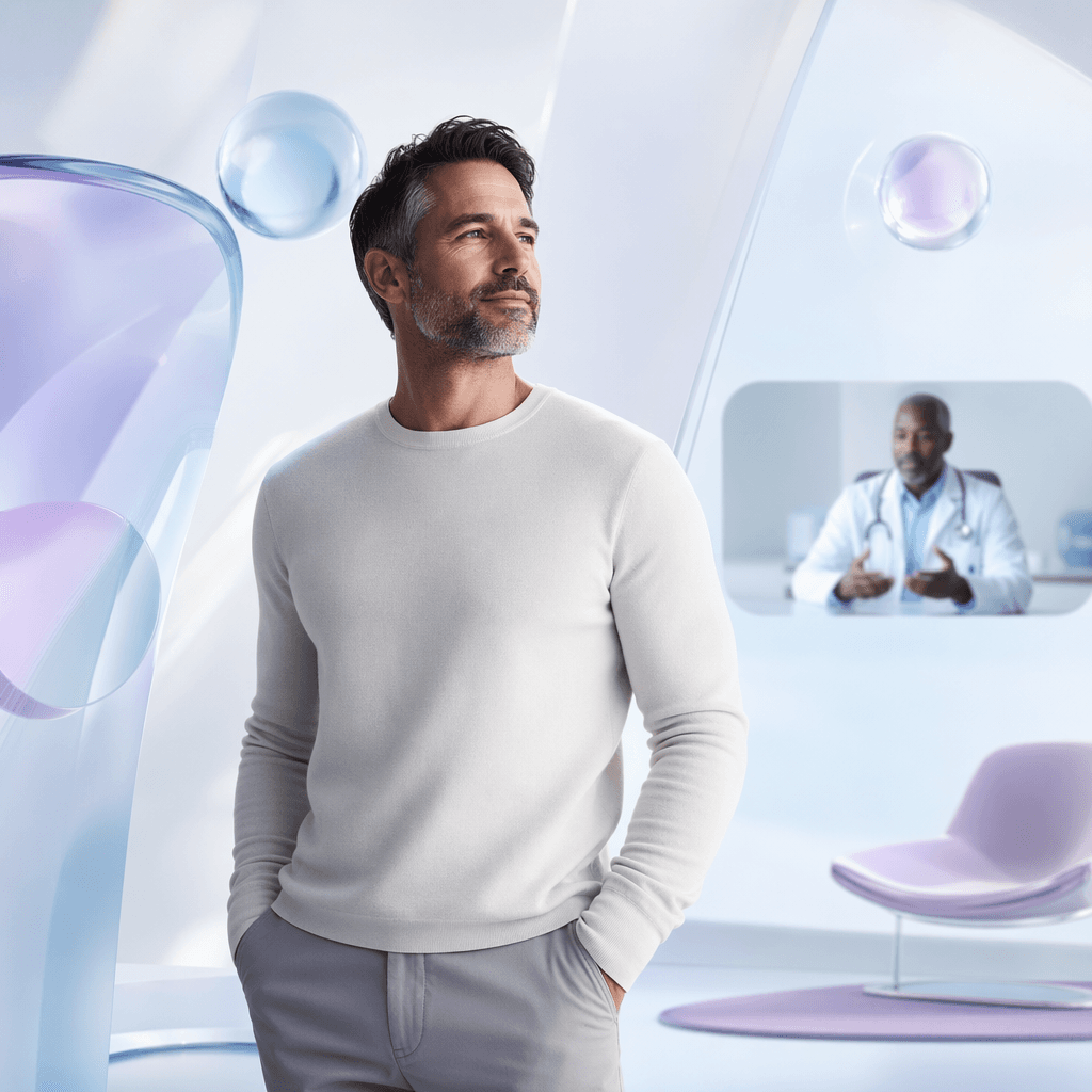 Confident man in a bright clinical environment with subtle telehealth styling