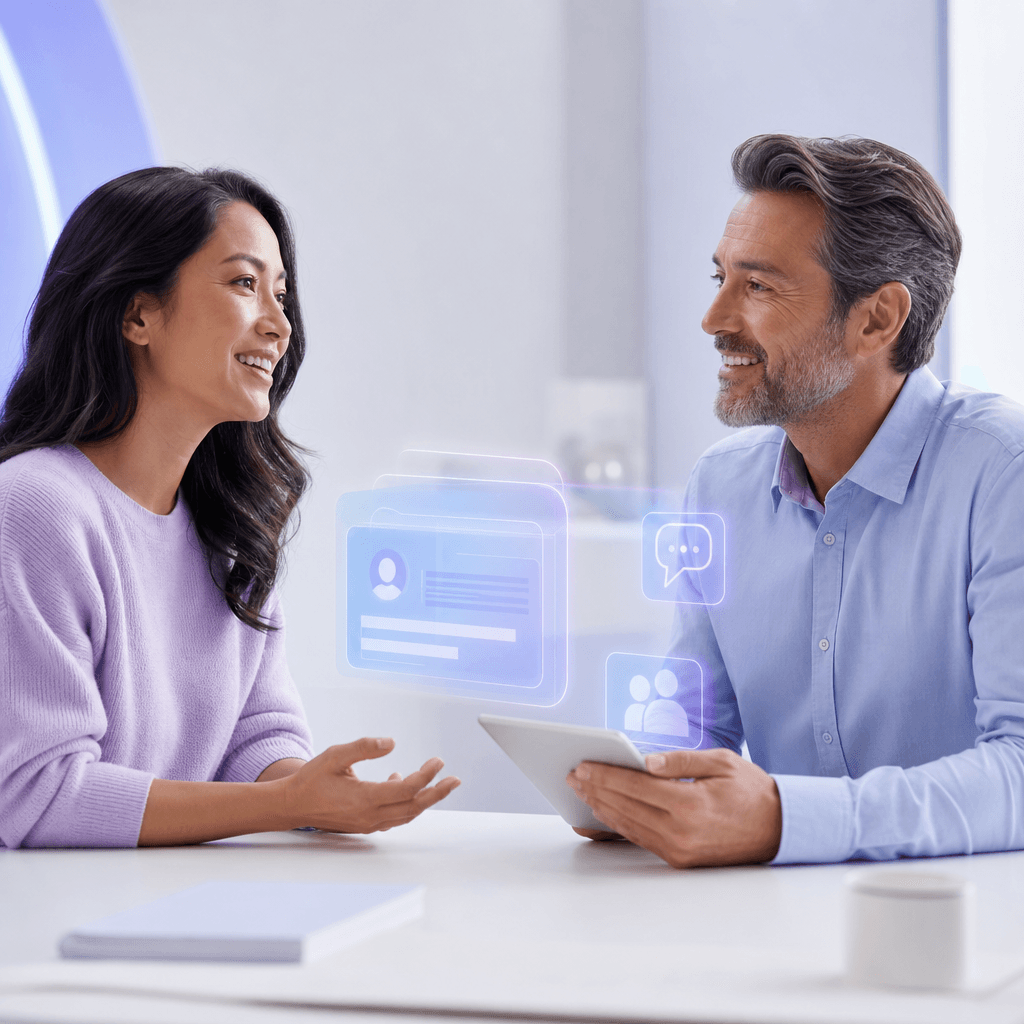 Two smiling ZYNDIO team members mid-conversation across a bright modern desk with floating Q&A panels glowing between them.