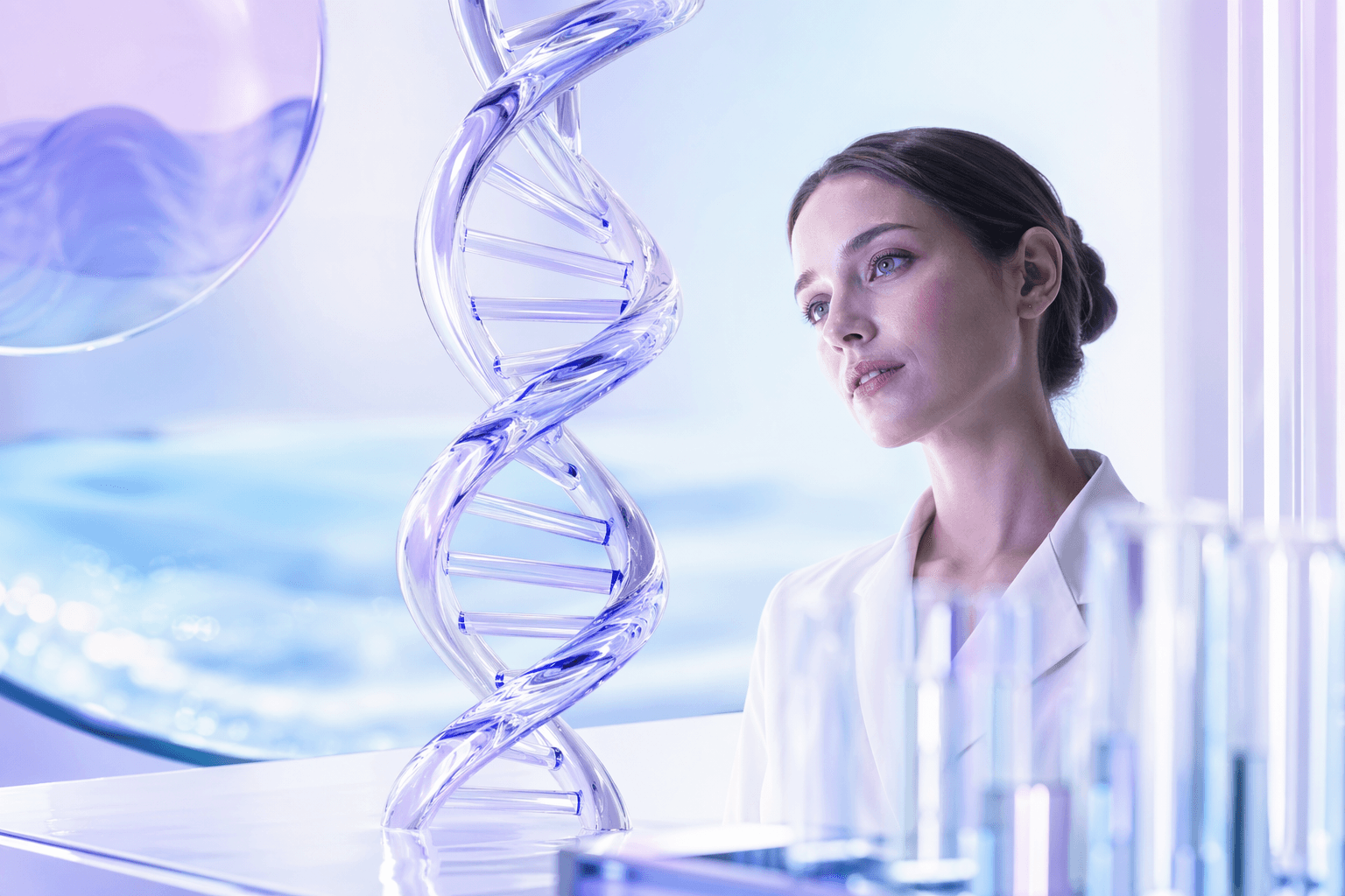 Clinical portrait beside a glass DNA sculpture in a bright modern lab
