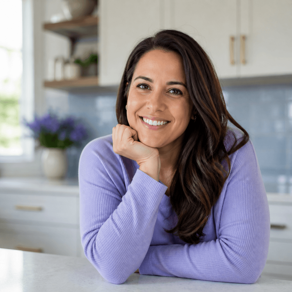 Patient smiling in a bright home kitchen after beginning doctor-reviewed care