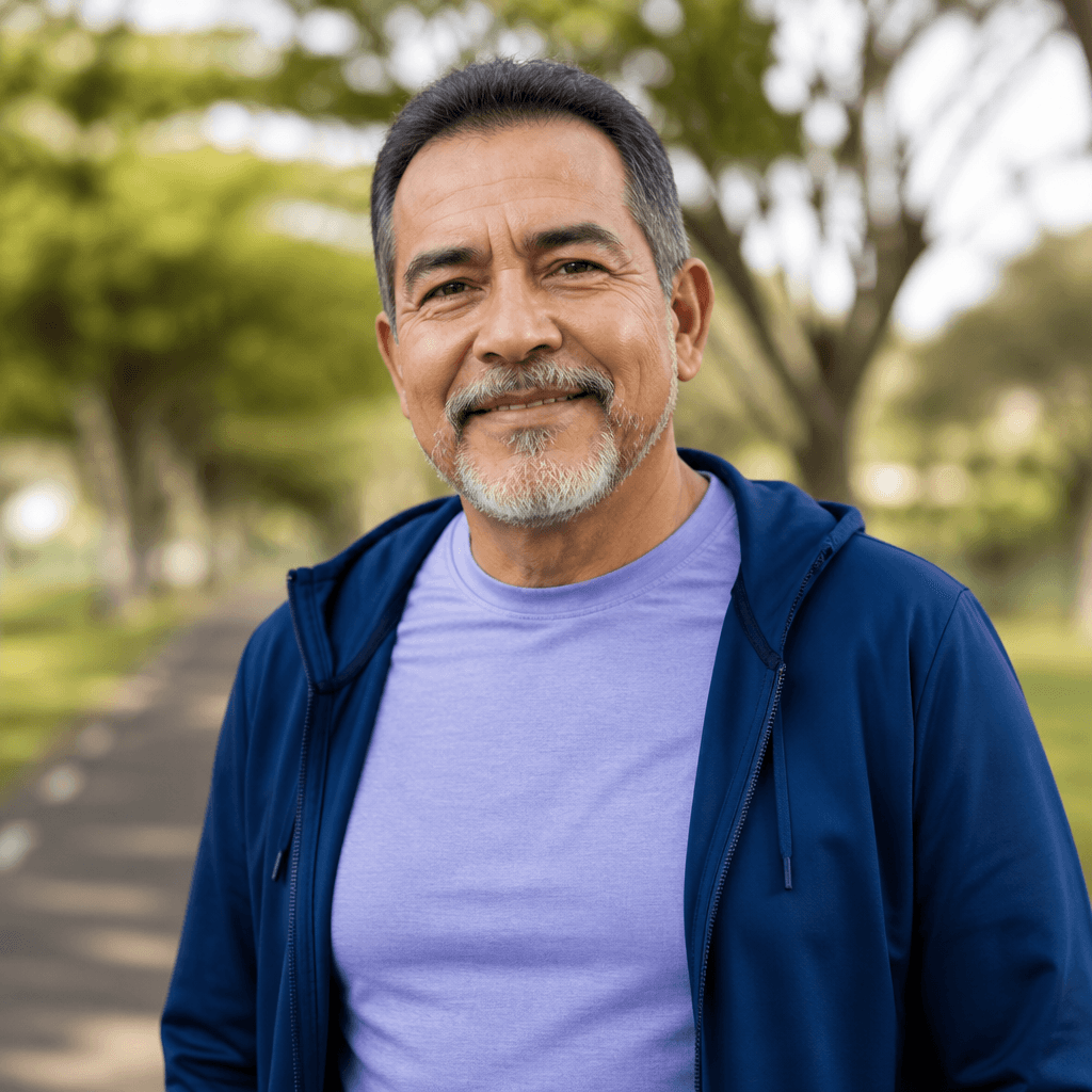 Patient standing outside in morning light during a wellness routine