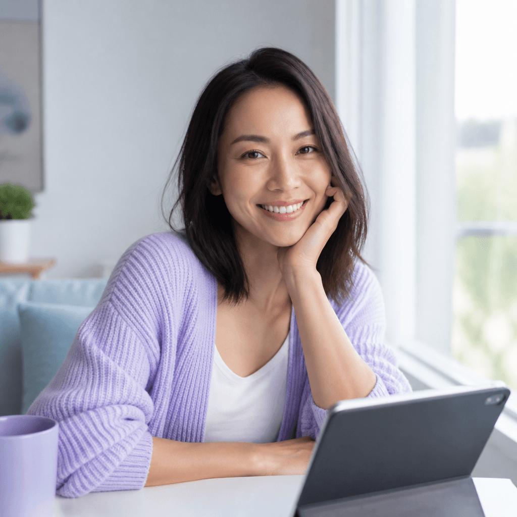 Patient smiling beside a sunny window in a calm home setting