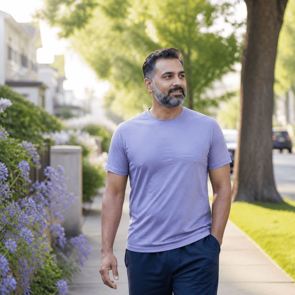 Patient walking through a neighborhood after a morning routine