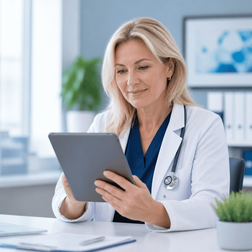 Licensed clinician reviewing a telehealth case on a tablet