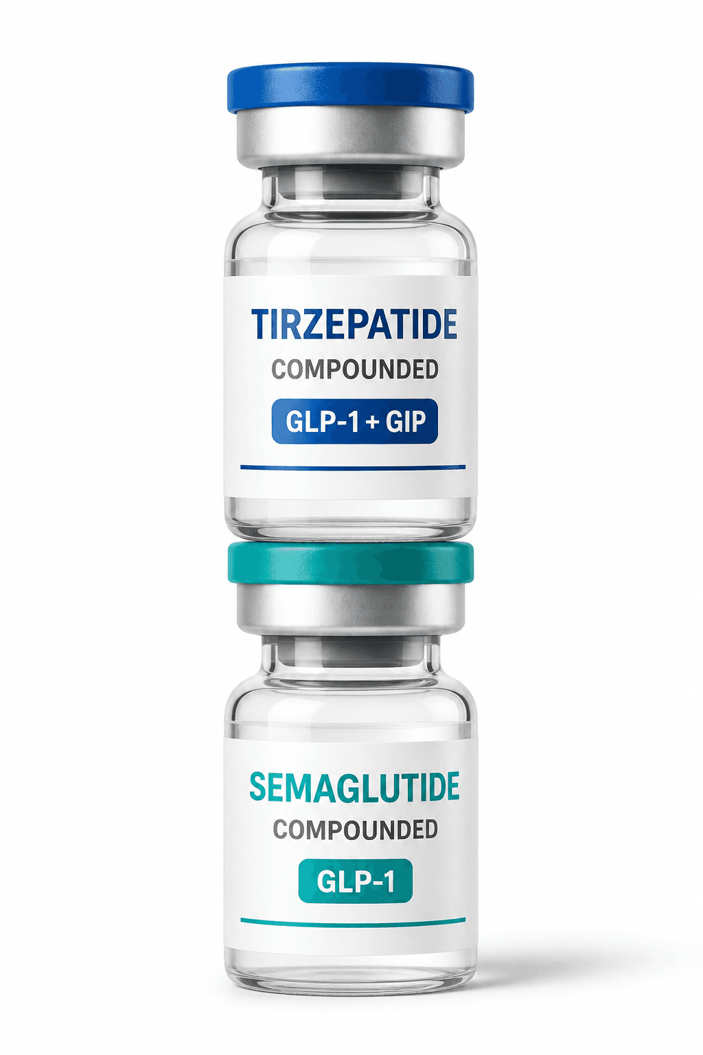 Generic GLP-1 vial artwork with semaglutide and tirzepatide labels and no ZYNDIO branding
