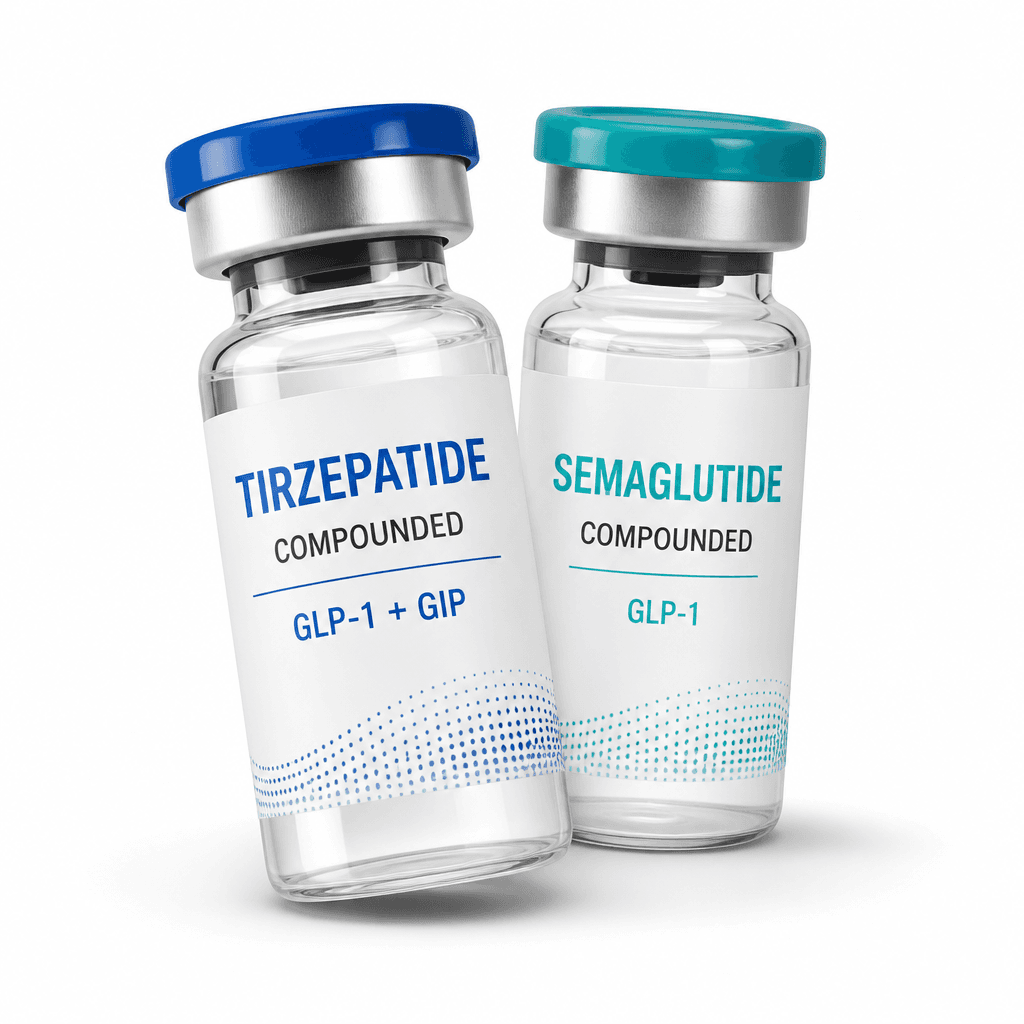Generic GLP-1 vial artwork with semaglutide and tirzepatide labels and no ZYNDIO branding