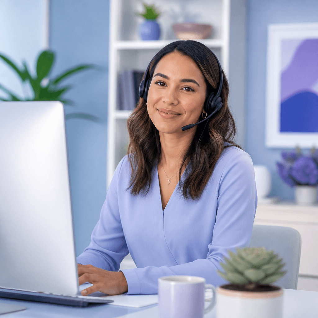 Care-team support specialist in a bright clinical telehealth setting