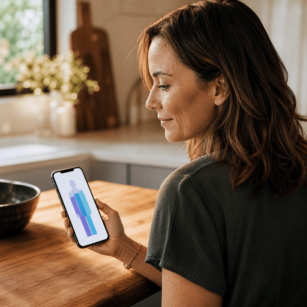 Woman reviewing her body-composition results at home