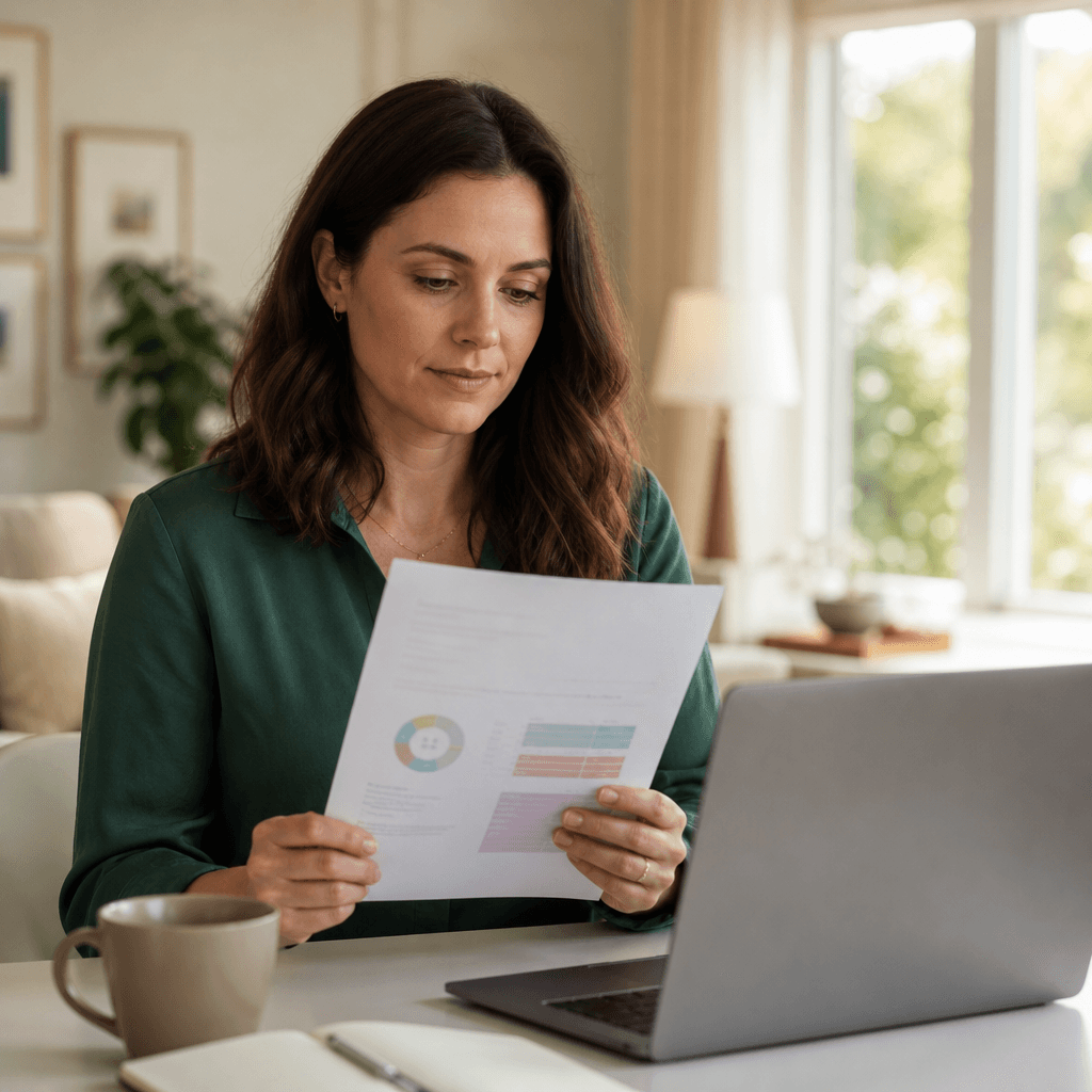 Woman looking over her scan results beside her laptop