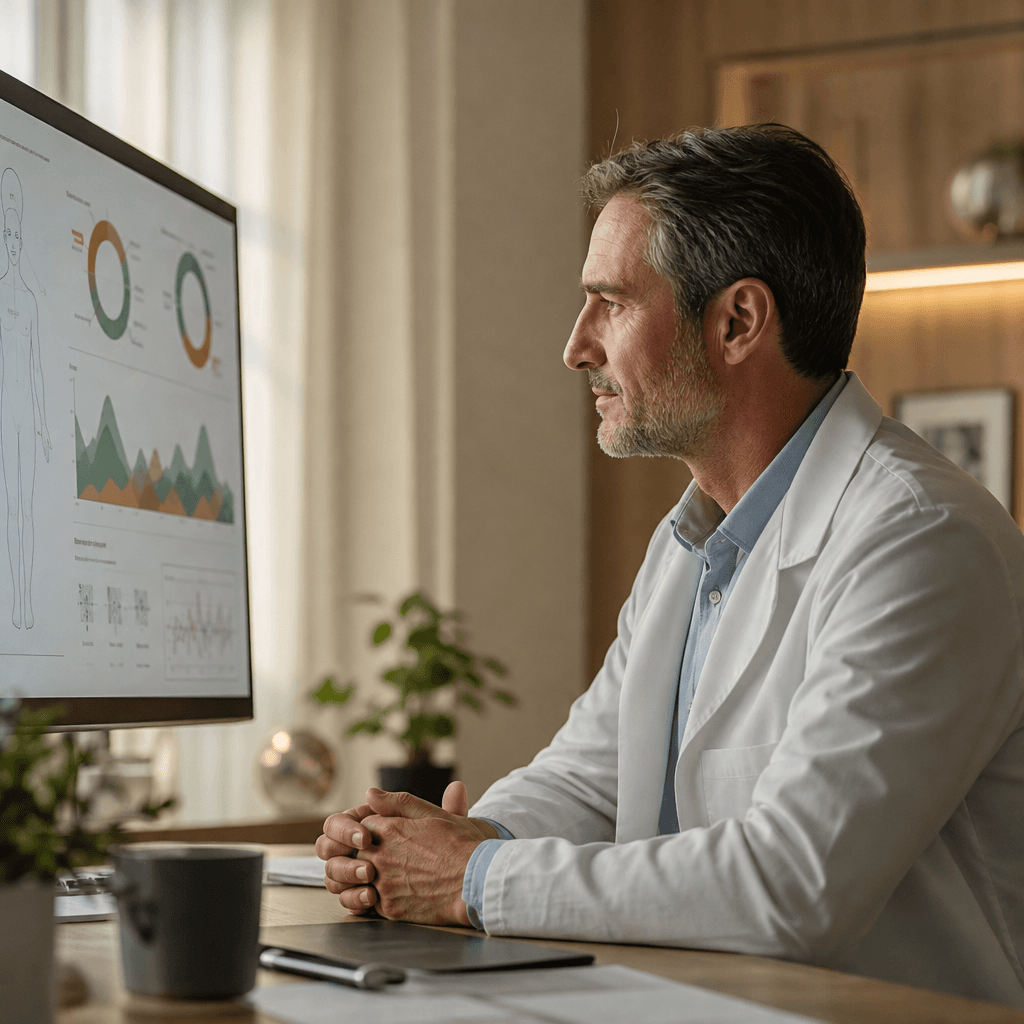 Physician reviewing patient results on a monitor in a modern office
