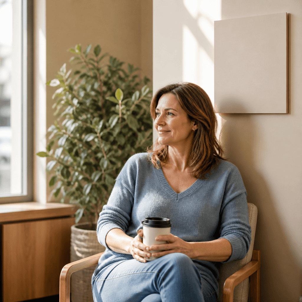 Patient relaxed in a bright clinic waiting area during a lab check-in