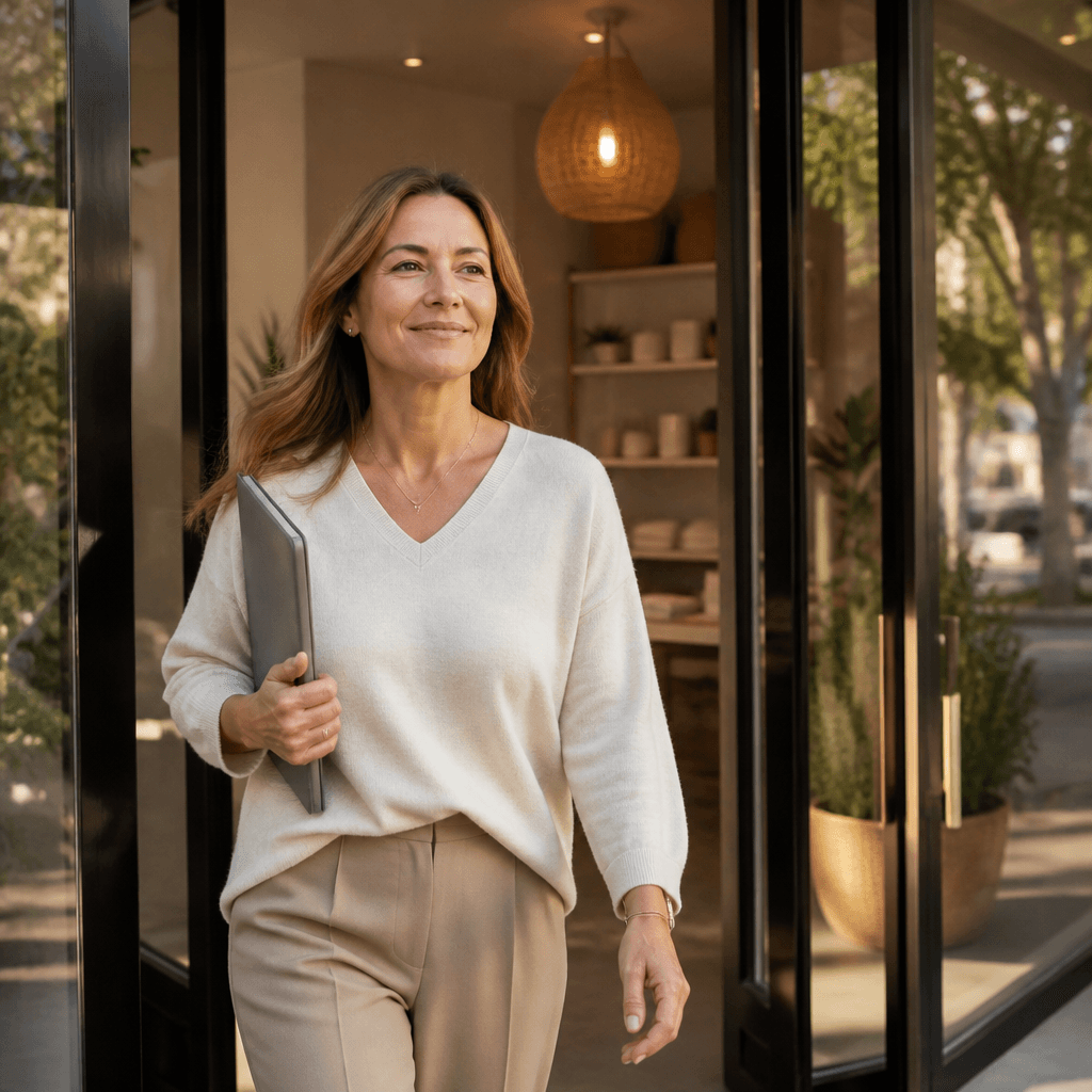 Patient leaving a bright wellness studio with a results folder after a follow-up scan