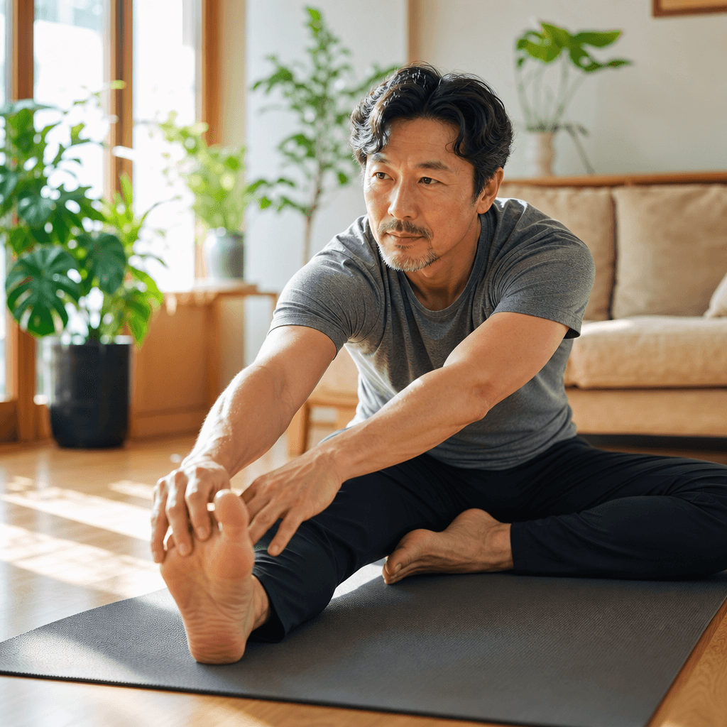 Patient stretching at home as part of a recovery routine