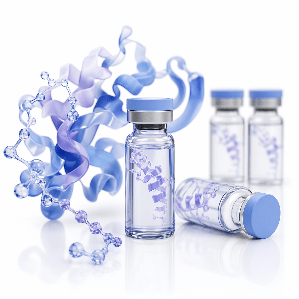 Glass peptide vials with molecular and ribbon-like structures in a blue-violet clinical setting