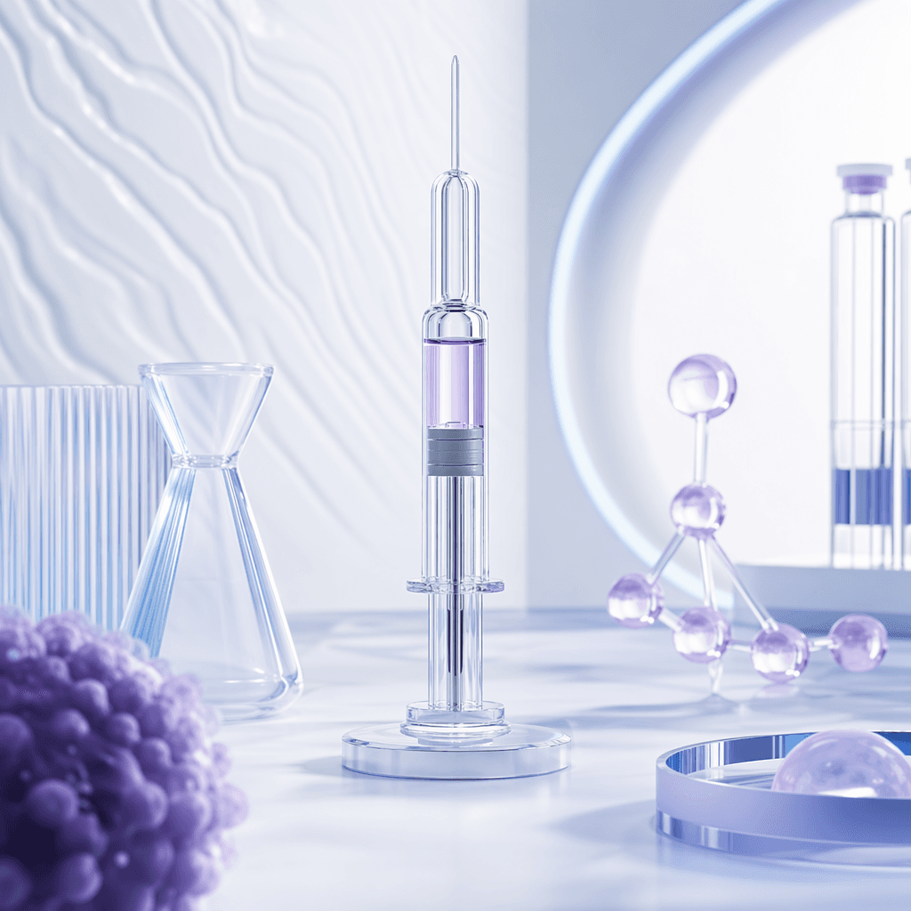 GLP-1 treatment vial with molecular and ribbon-like structures in a blue-violet clinical setting