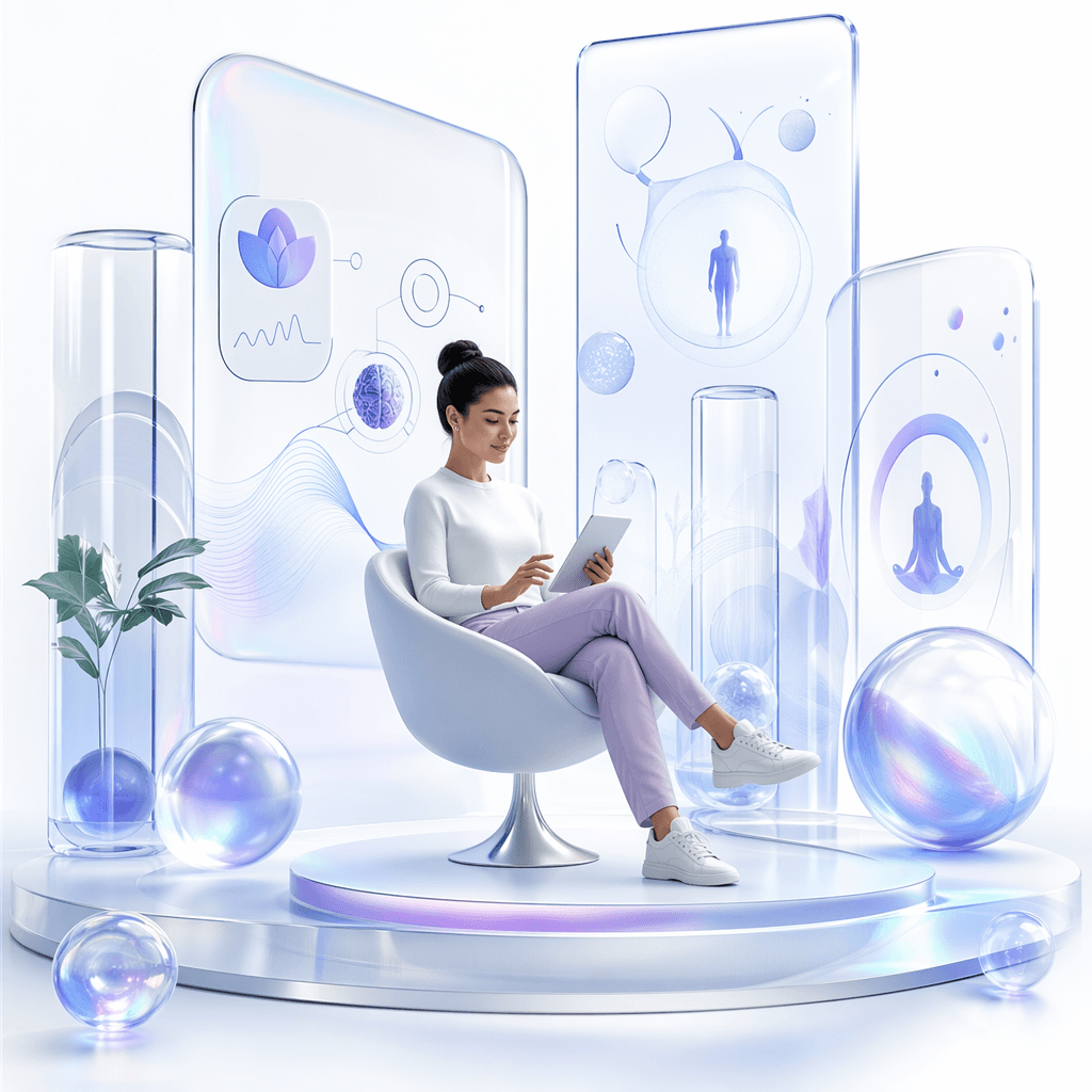 Woman using a tablet in a futuristic clinical environment with soft violet and blue treatment visuals