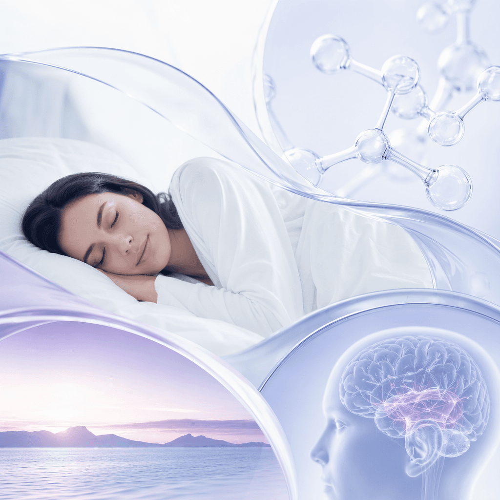 Serene sleep-focused clinical illustration with soft violet and blue treatment visuals